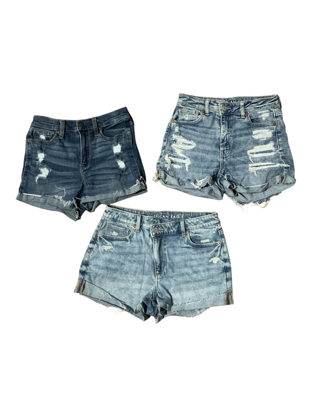American Eagle Outfitters Trio of Distressed Denim Shorts - Light & Dark Blue